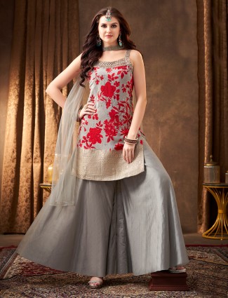 Grey cotton silk palazzo suit with printed pattern