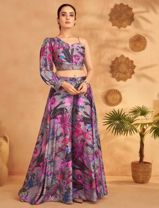 Grey silk palazzo suit with subtle print