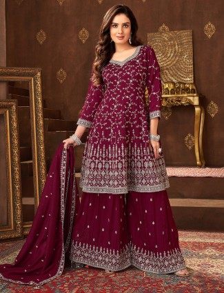Maroon silk palazzo suit with sequin embellishments