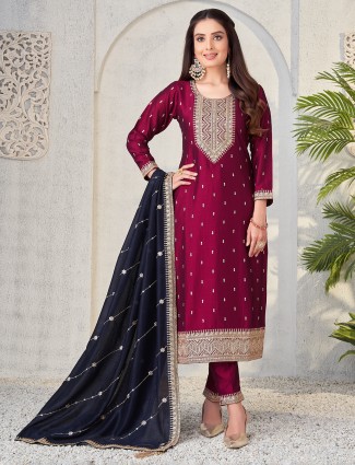 Maroon silk salwar suit with sequin work dupatta