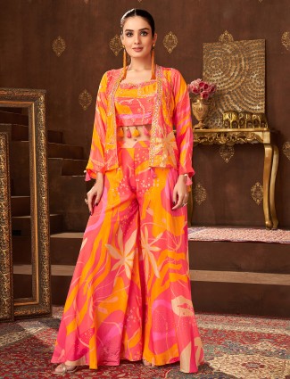 Peach printed palazzo suit with coordinated jacket