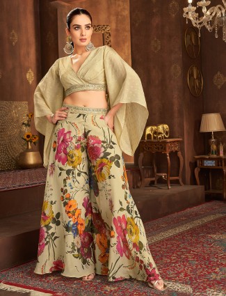 Printed beige silk palazzo suit for elegant look