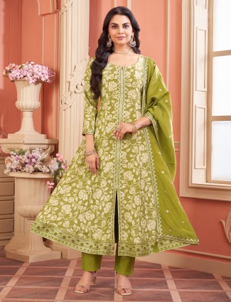 Green printed silk salwar suit for festive wear