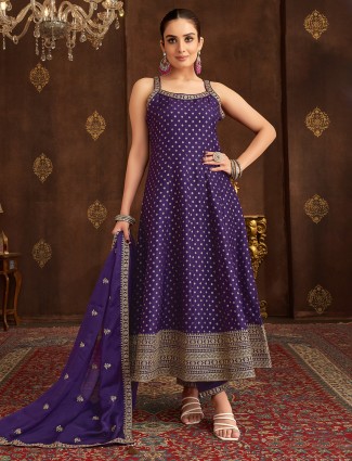 Purple silk anarkali suit for festive charm