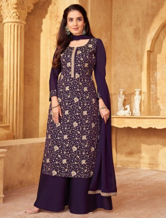 Purple georgette palazzo suit with subtle embellishment