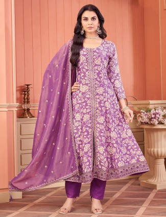 Purple printed silk salwar suit with elegant touch
