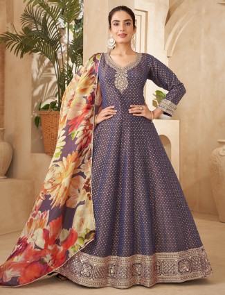 Purple silk anarkali suit with printed dupatta
