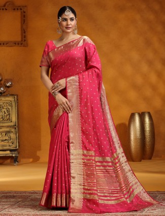 Red silk saree enhanced with zari detailing