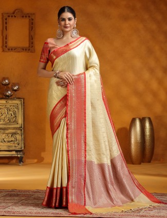 Zari embroidered beige silk saree
