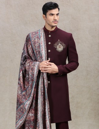 Elegant Wine Sherwani with Vintage-Inspired Printed Dupatta