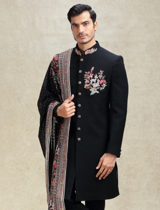 Black flower terry rayon embroidered sherwani