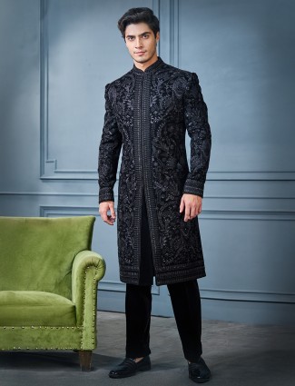 Black velvet long indo western set for reception