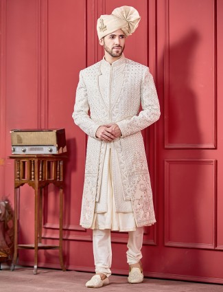 Cream peshwahi style sherwani in silk