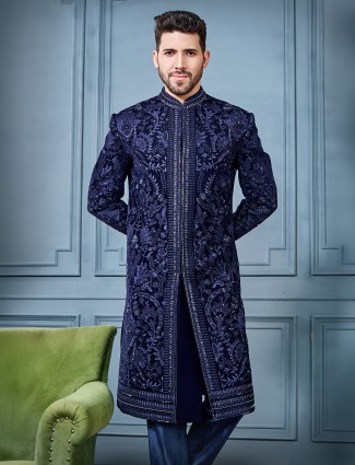 Navy velvet long indo western set for reception