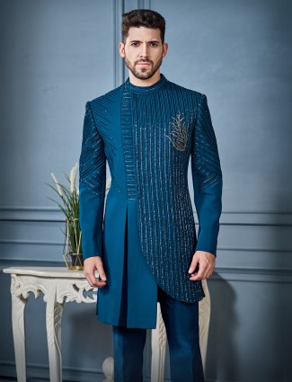 Teal blue designer indo western in rayon fabric