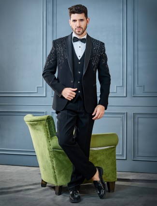 Black crystal embellished terry rayon tuxedo