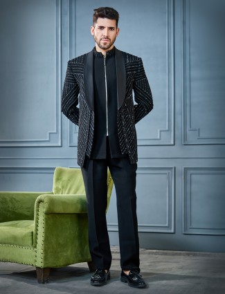 Black embroidered terry rayon coat suit