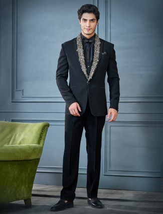 Black zari weaved terry rayon tuxedo