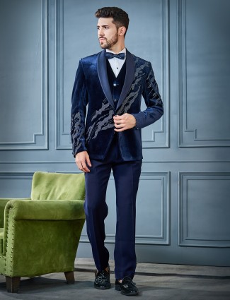Blue velvet tuxedo with embellishments