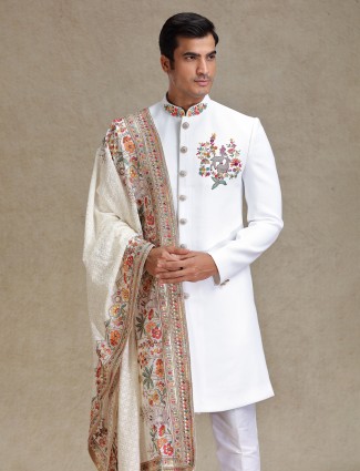 Off white flower embroidered terry rayon sherwani for Mens