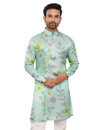 Mint green floral printed silk kurta