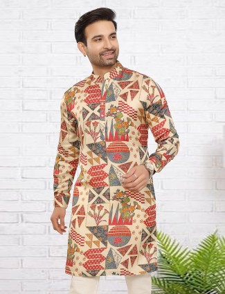 Beige abstract floral print kurta