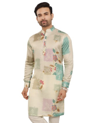 Newest beige Floral Printed Silk Kurta