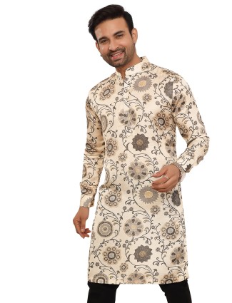 Beige printed festive silk kurta
