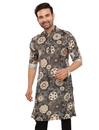 Charcoal grey printed silk kurta