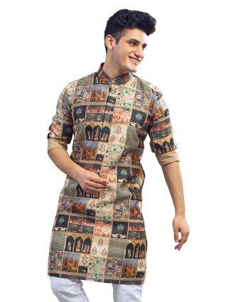Multicoloured village print silk kurta