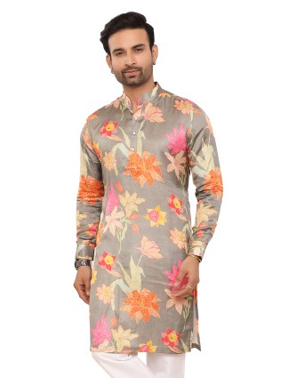 Grey multi colour printed silk kurta