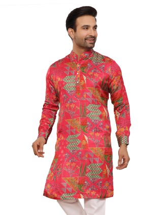 Magenta printed festive silk kurta