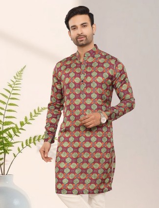Maroon Ethnic Print Silk Kurta