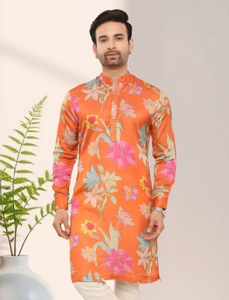 Orange multi hued floral silk kurta