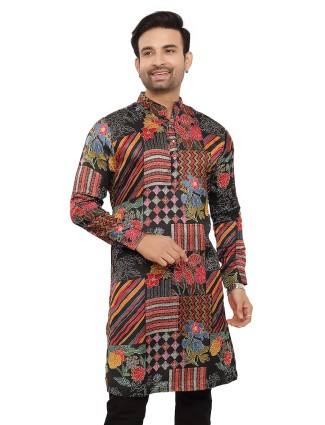 Black printed silk kurta