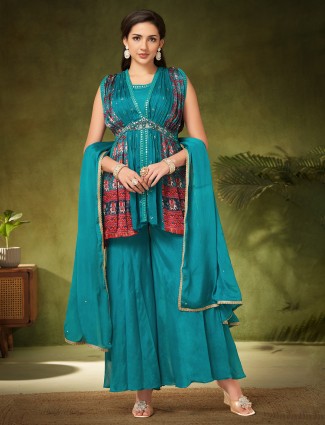 Aqua silk palazzo suit for women