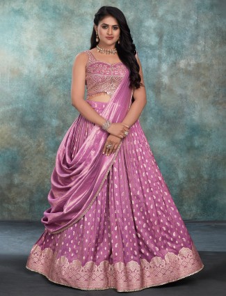 Pink silk bridal syle unstitched lehenga choli with sequins embellishment