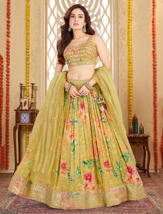 Lime green printed silk lehenga choli