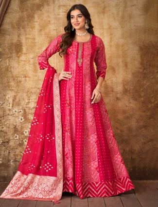 Magenta printed silk anarkali suit