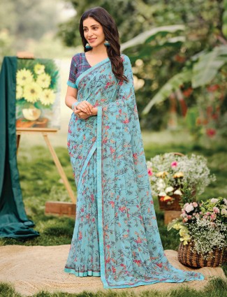 Aqua georgette printed saree for women