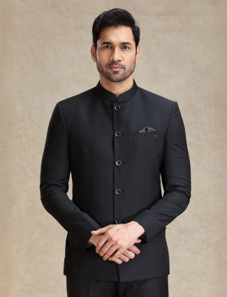 Black reception wear terry rayon jodhpuri suit