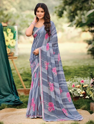 Latest grey printed saree in georgette