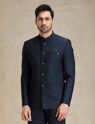 Navy terry rayon jodhpuri suit for wedding wear