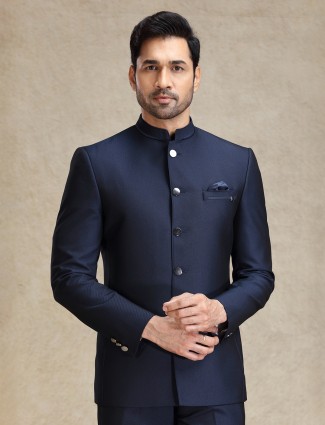 Navy bandh gala jacquard net jodhpuri suit for wedding wear