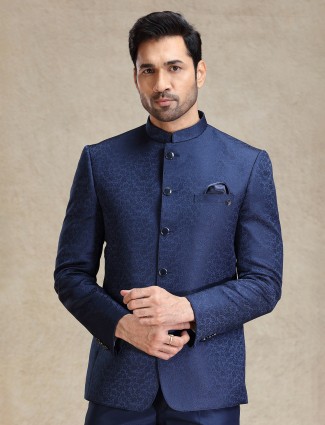 Navy textured jodhpuri suit for wedding wear