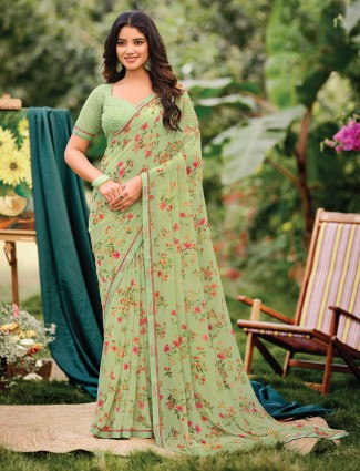 Pista green printed saree in georgette