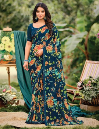 Rama blue saree for casual wear with print