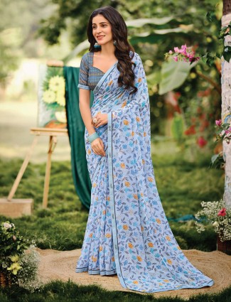 Sky blue printed saree for women