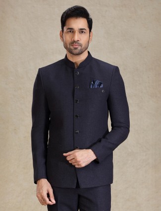 Latest navy textured jacquard net jodhpuri suit for men