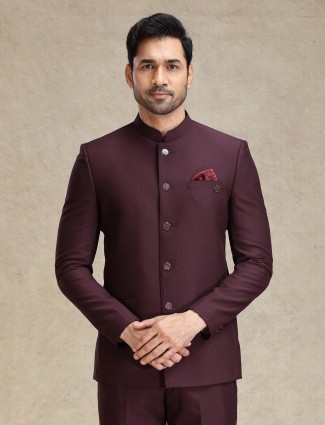 Elegant wine terry rayon jodhpuri suit for men